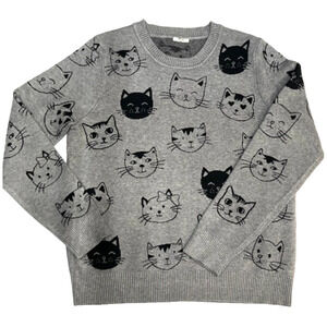 Womens Cozy Gray Graphic Whimsical Kitschy Twee Cat Print Crewneck Sweater Med